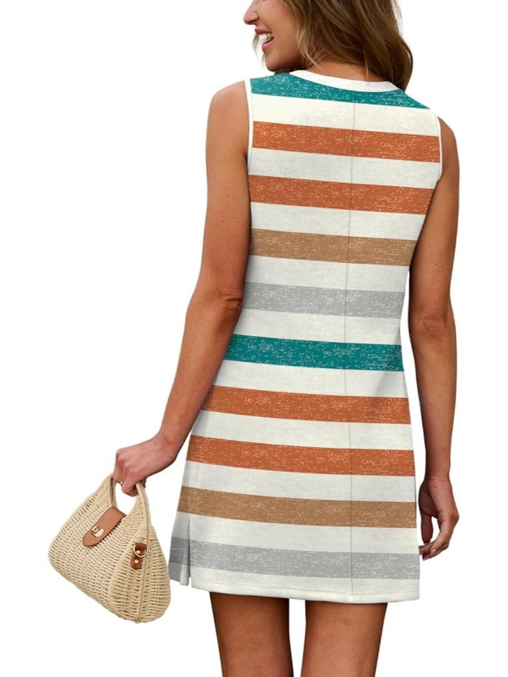 Women's Color Stripe Summer Casual Dress Crewneck Sleeveless Tank Dresses - Picture 5 of 5